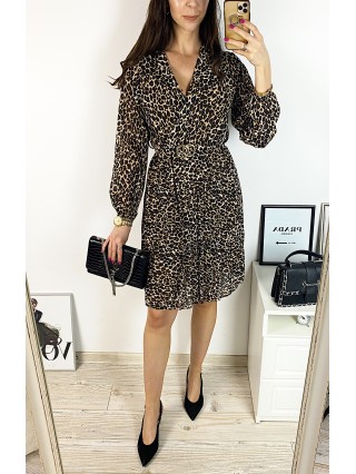 Rochie midi casual maro cu imprimeu animal print si maneci lungi