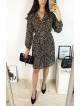 Rochie midi casual maro cu imprimeu animal print si maneci lungi