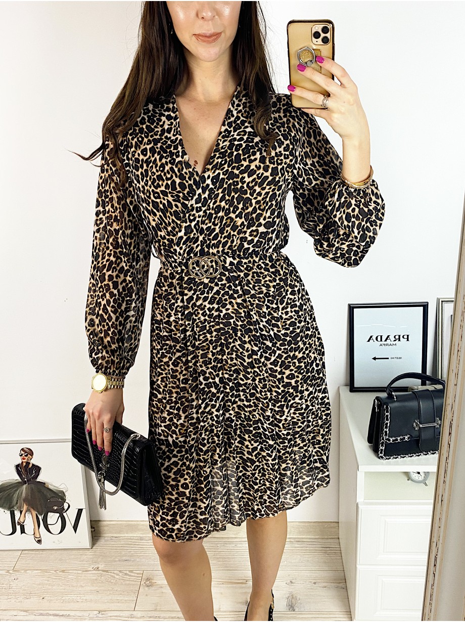 Rochie midi casual maro cu imprimeu animal print si maneci lungi