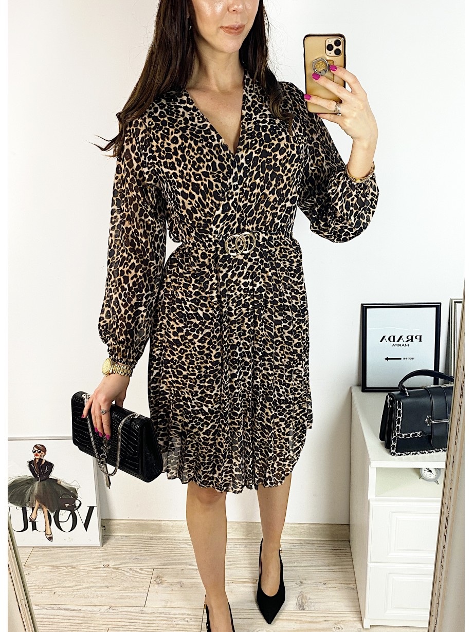 Rochie midi casual maro cu imprimeu animal print si maneci lungi