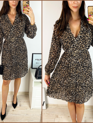 Rochie midi casual maro cu imprimeu animal print si maneci lungi