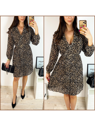 Rochie midi casual maro cu imprimeu animal print si maneci lungi