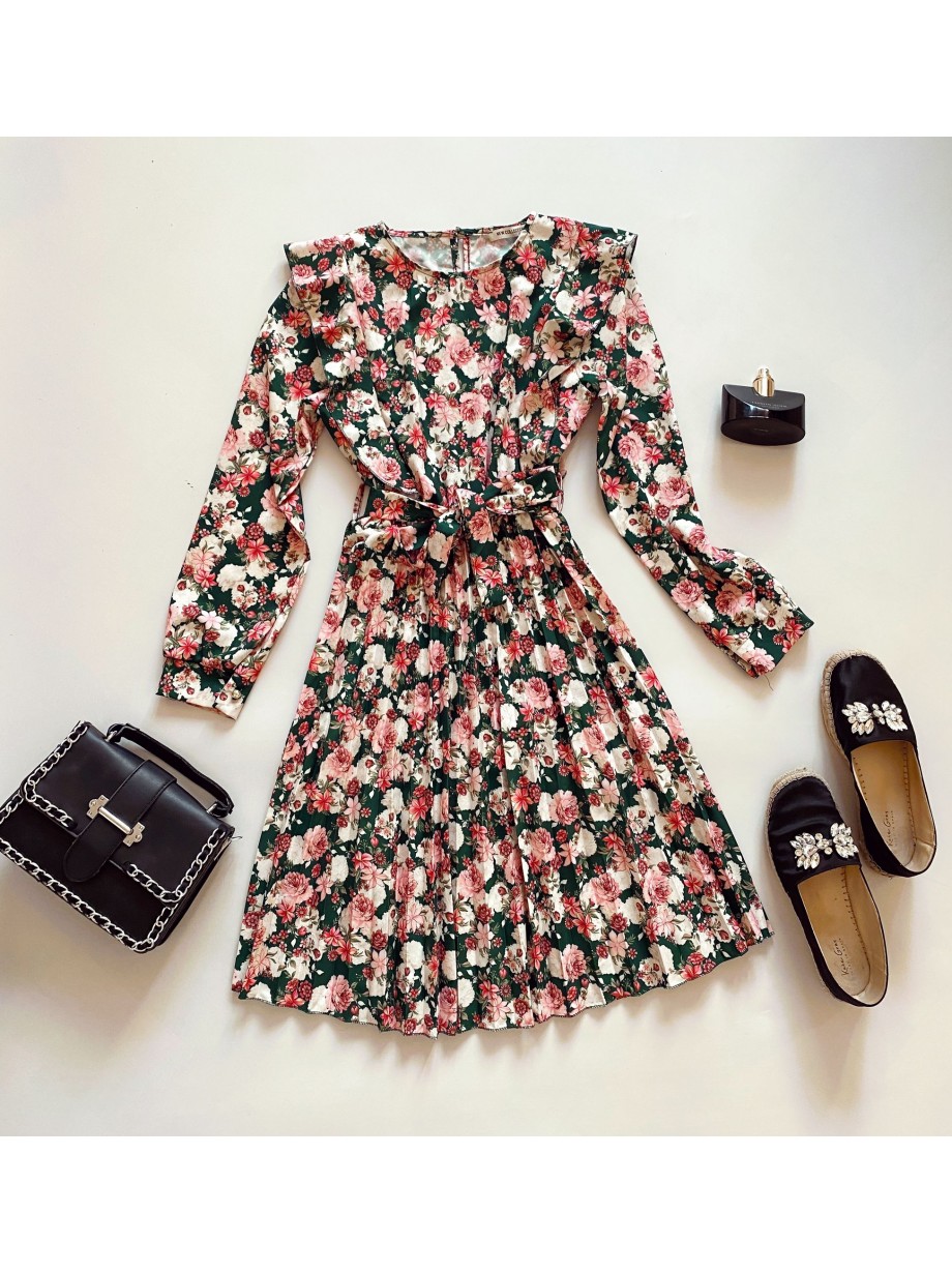 Rochie dama ieftina verde cu pliuri si volanase si imprimeu multifloral