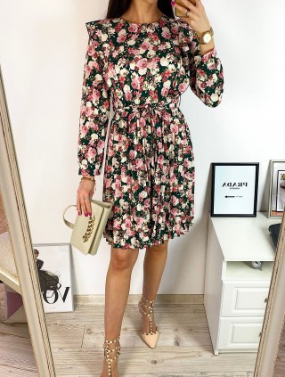 Rochie dama ieftina verde cu pliuri si volanase si imprimeu multifloral