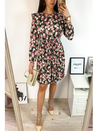 Rochie dama ieftina verde cu pliuri si volanase si imprimeu multifloral