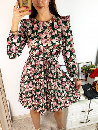 Rochie dama ieftina verde cu pliuri si volanase si imprimeu multifloral