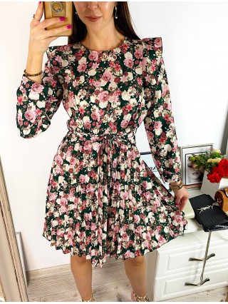 Rochie dama ieftina verde cu pliuri si volanase si imprimeu multifloral