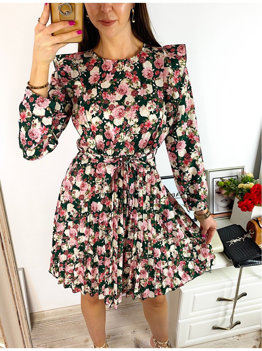 Rochie dama ieftina verde cu pliuri si volanase si imprimeu multifloral