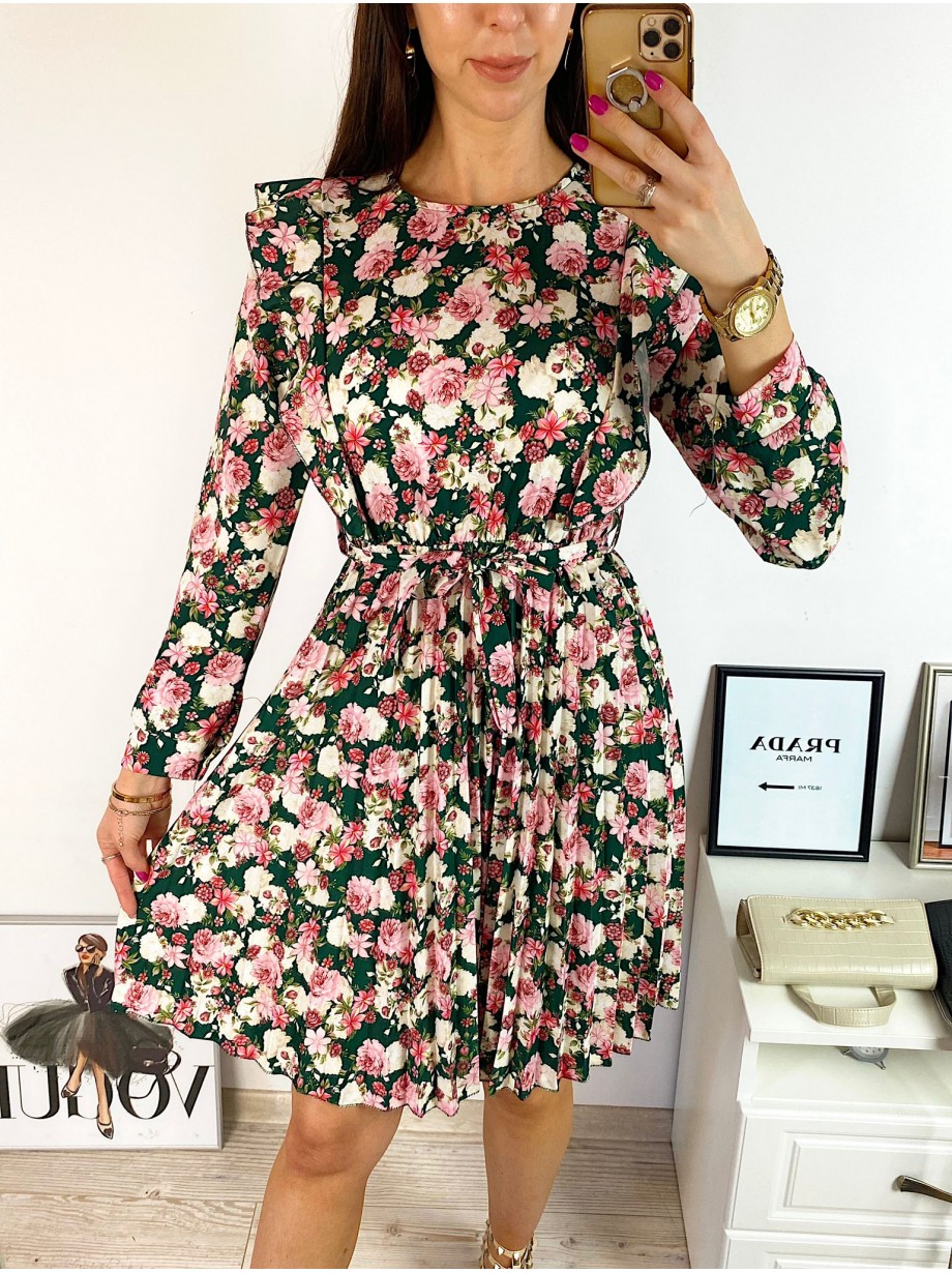 Rochie dama ieftina verde cu pliuri si volanase si imprimeu multifloral