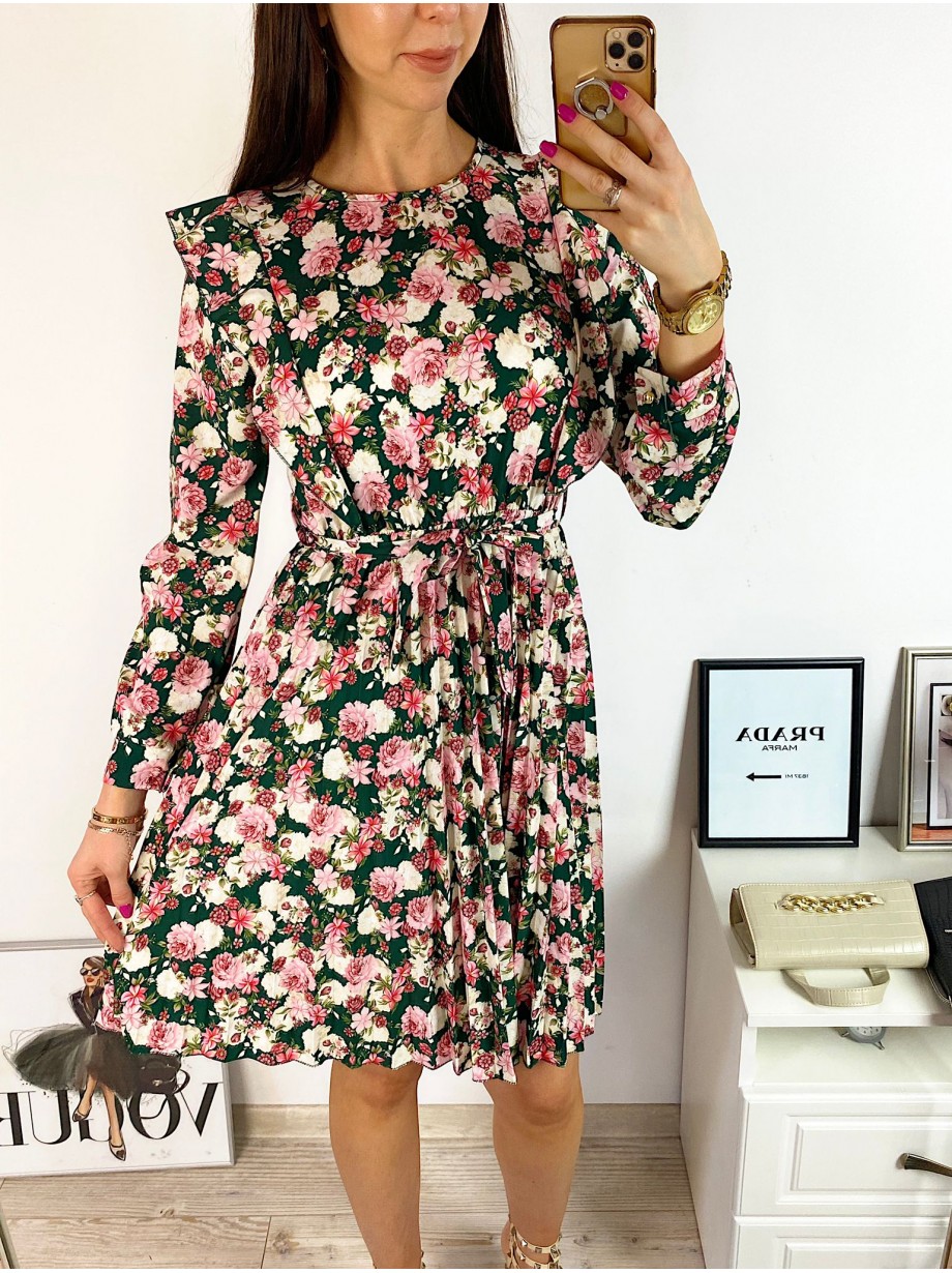 Rochie dama ieftina verde cu pliuri si volanase si imprimeu multifloral