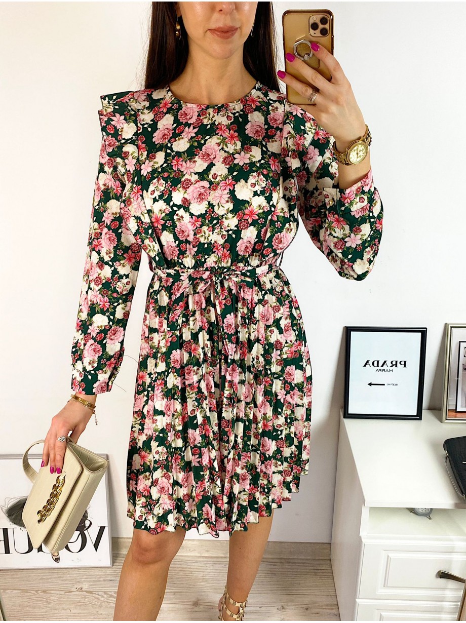 Rochie dama ieftina verde cu pliuri si volanase si imprimeu multifloral