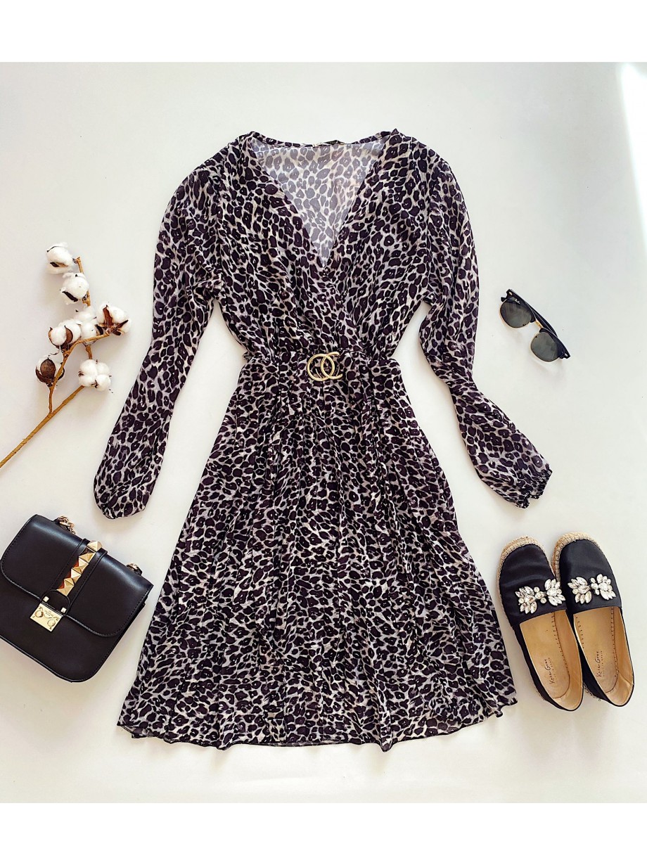 Rochie midi casual gri cu imprimeu animal print si maneci lungi