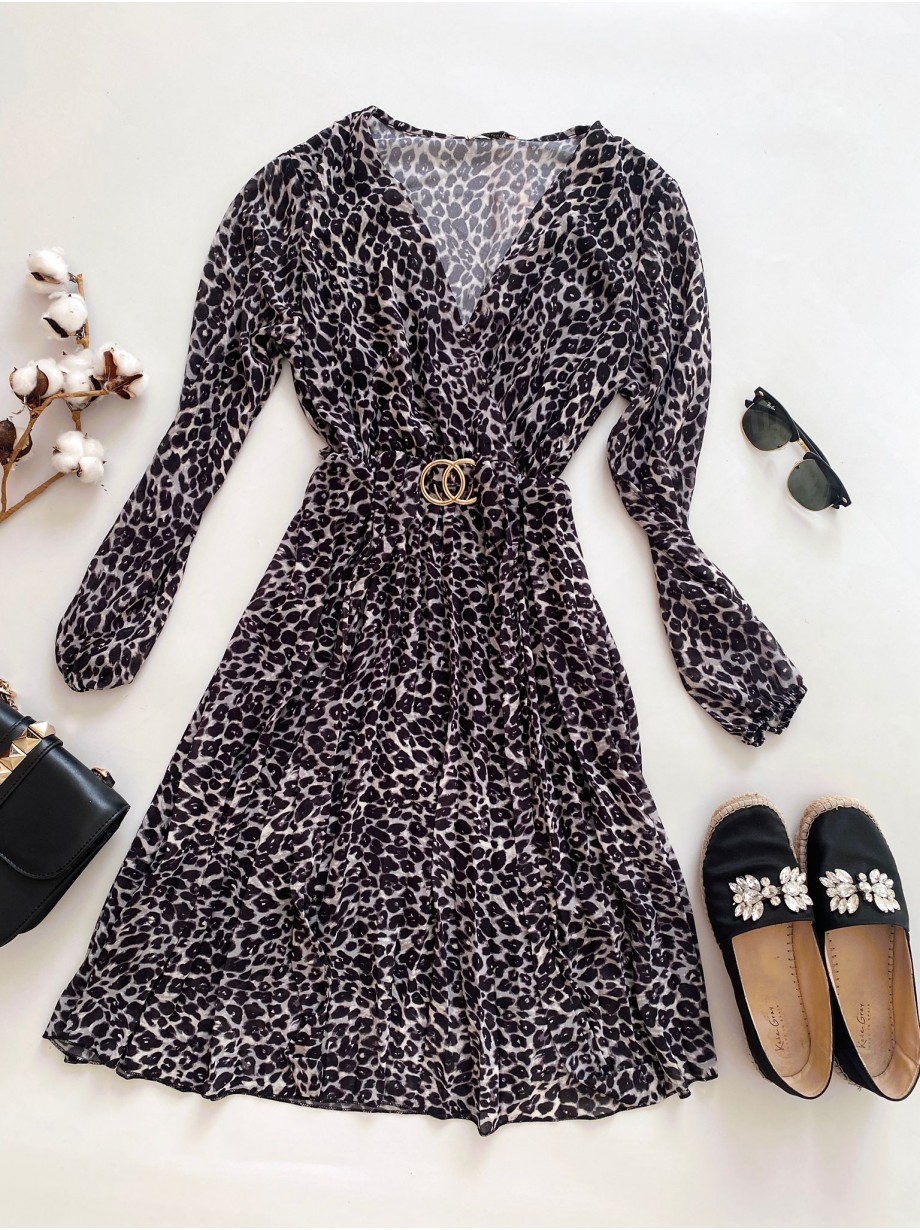 Rochie midi casual gri cu imprimeu animal print si maneci lungi