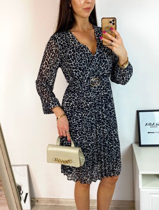 Rochie midi casual gri cu imprimeu animal print si maneci lungi