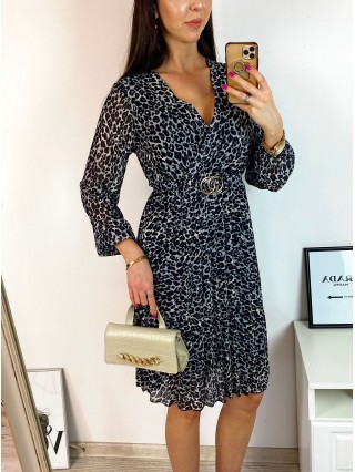 Rochie midi casual gri cu imprimeu animal print si maneci lungi