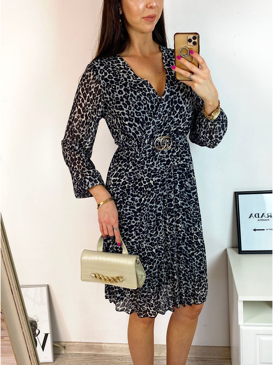 Rochie midi casual gri cu imprimeu animal print si maneci lungi