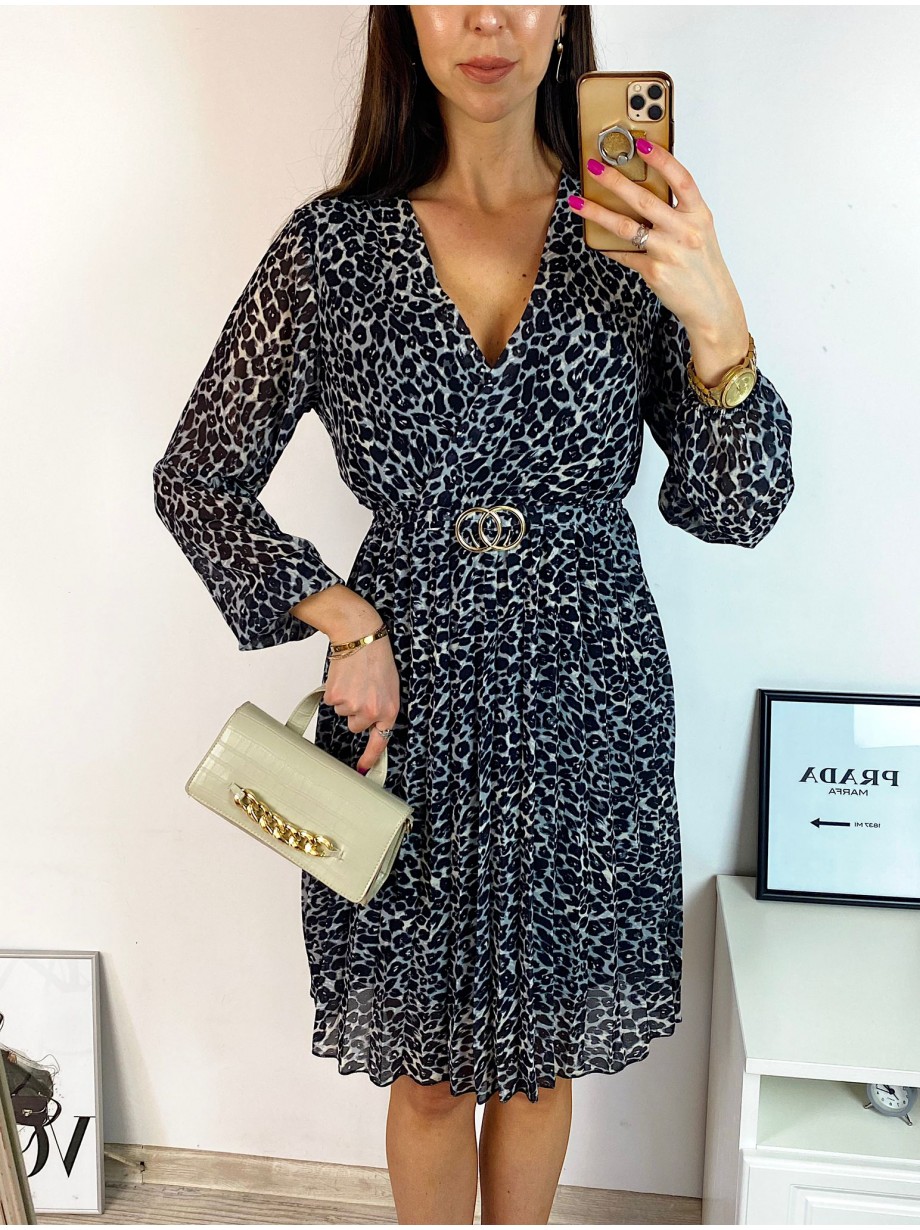 Rochie midi casual gri cu imprimeu animal print si maneci lungi