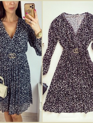 Rochie midi casual gri cu imprimeu animal print si maneci lungi