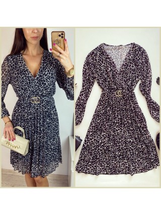 Rochie midi casual gri cu imprimeu animal print si maneci lungi