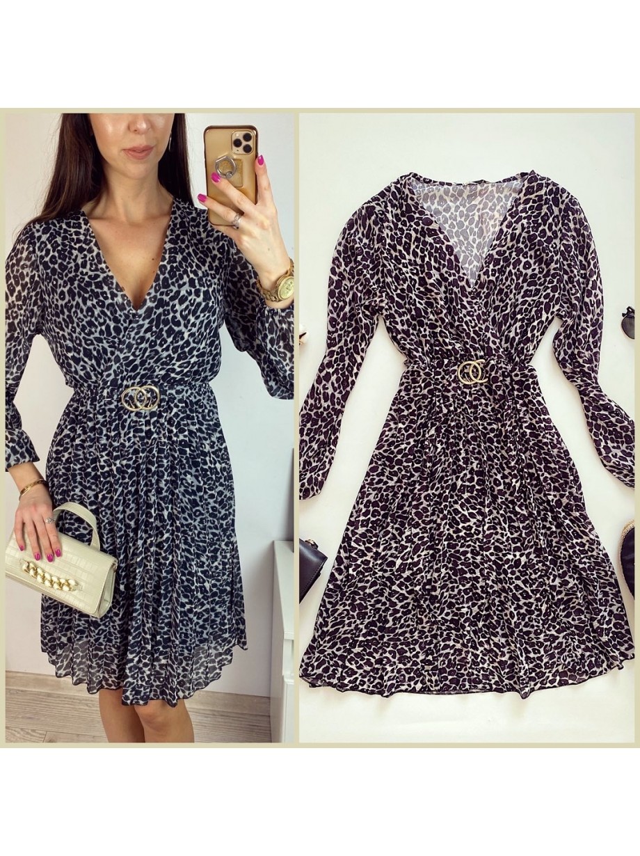 Rochie midi casual gri cu imprimeu animal print si maneci lungi