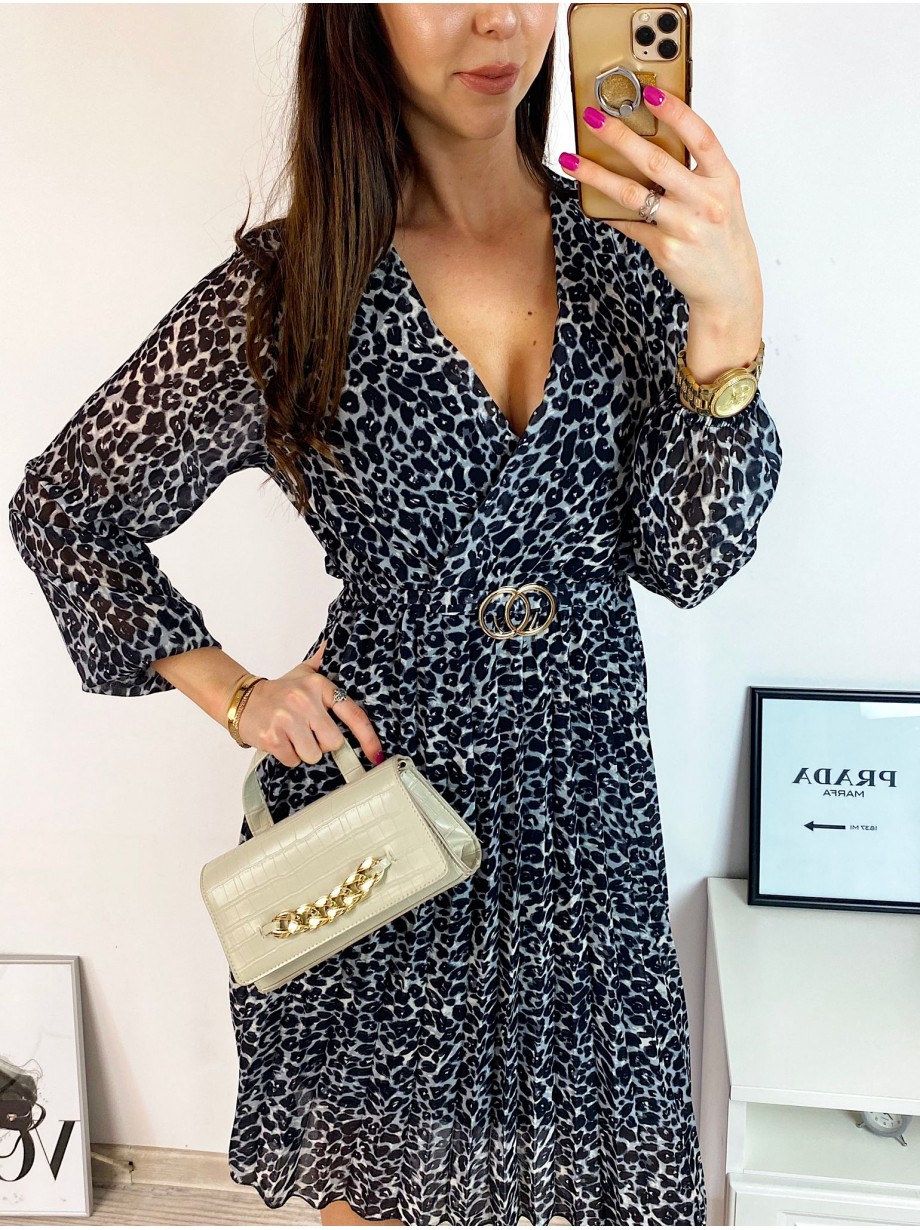 Rochie midi casual gri cu imprimeu animal print si maneci lungi