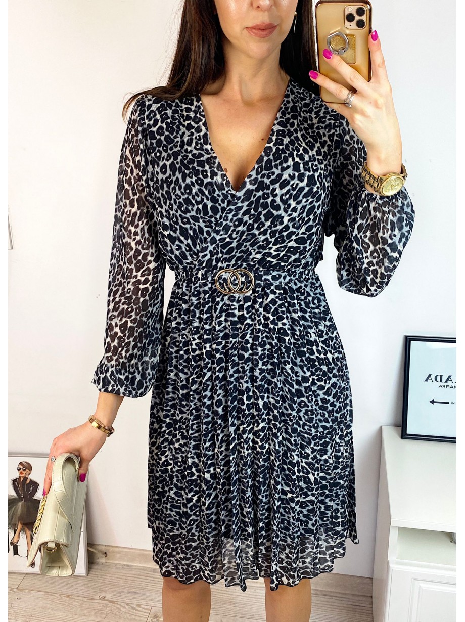 Rochie midi casual gri cu imprimeu animal print si maneci lungi