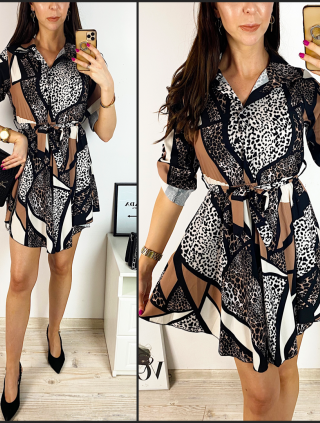 Rochie de zi ieftina maro cu imprimeu multiprint si cordon in talie