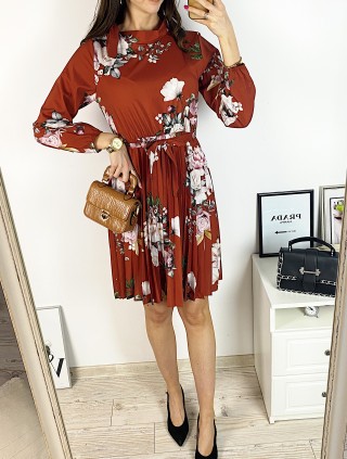 Rochie dama ieftina caramizie de zi midi cu pliuri si imprimeu flori roz cu guler chic
