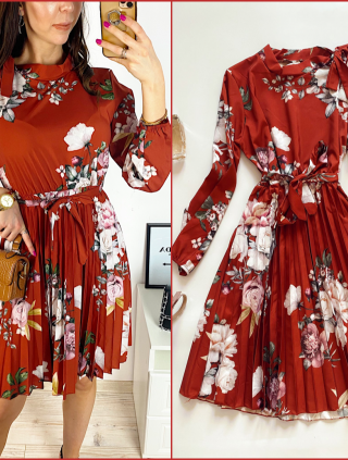 Rochie dama ieftina caramizie de zi midi cu pliuri si imprimeu flori roz cu guler chic