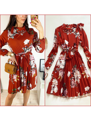 Rochie dama ieftina caramizie de zi midi cu pliuri si imprimeu flori roz cu guler chic