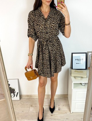 Rochie de zi ieftina maro cu imprimeu animal print mic