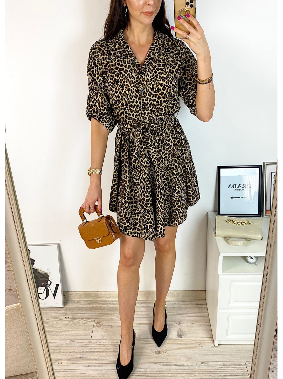 Rochie de zi ieftina maro cu imprimeu animal print mic