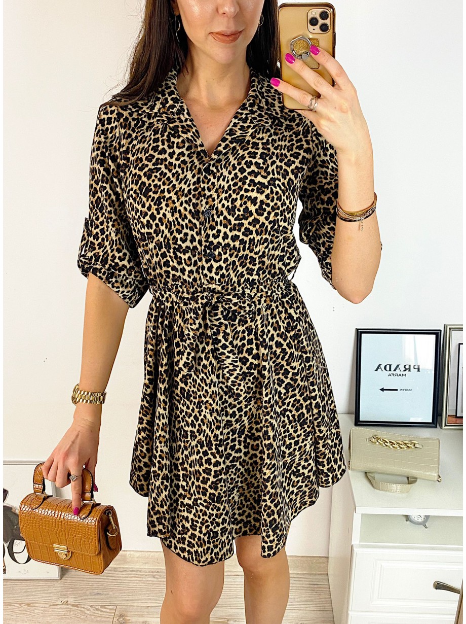 Rochie de zi ieftina maro cu imprimeu animal print mic