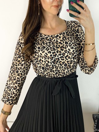 Rochie dama eleganta midi neagra cu pliuri si imprimeu animal print Half