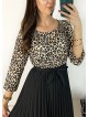 Rochie dama eleganta midi neagra cu pliuri si imprimeu animal print Half