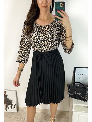Rochie dama eleganta midi neagra cu pliuri si imprimeu animal print Half