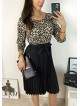 Rochie dama eleganta midi neagra cu pliuri si imprimeu animal print Half