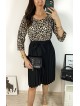 Rochie dama eleganta midi neagra cu pliuri si imprimeu animal print Half