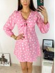 Rochie mini casual roz cu imprimeu buline si maneci lungi