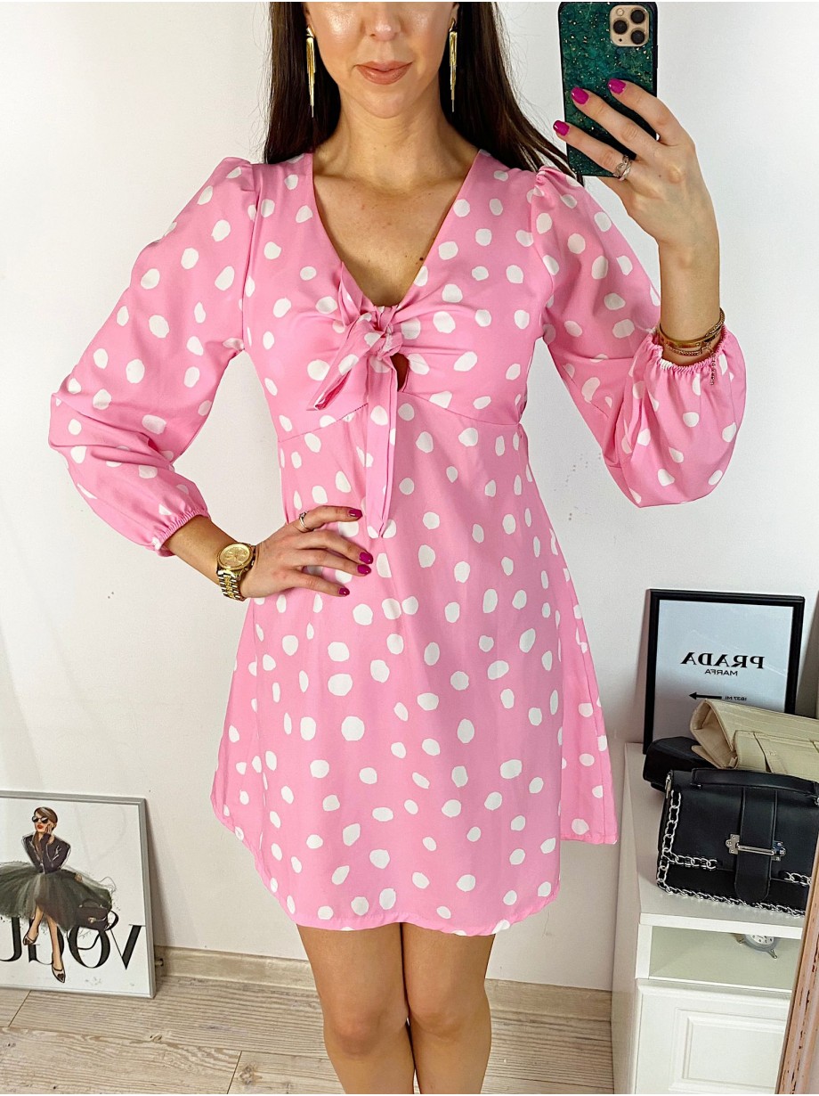 Rochie mini casual roz cu imprimeu buline si maneci lungi