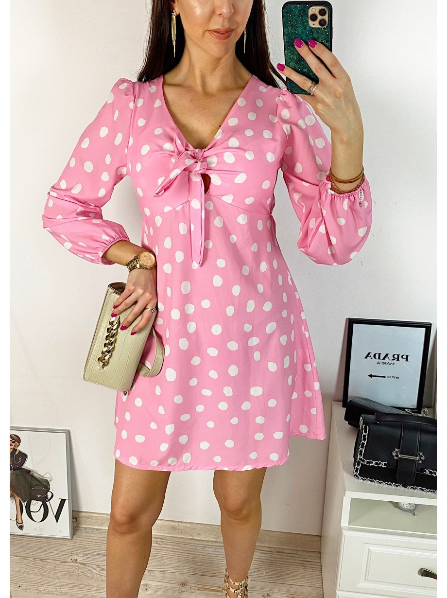 Rochie mini casual roz cu imprimeu buline si maneci lungi