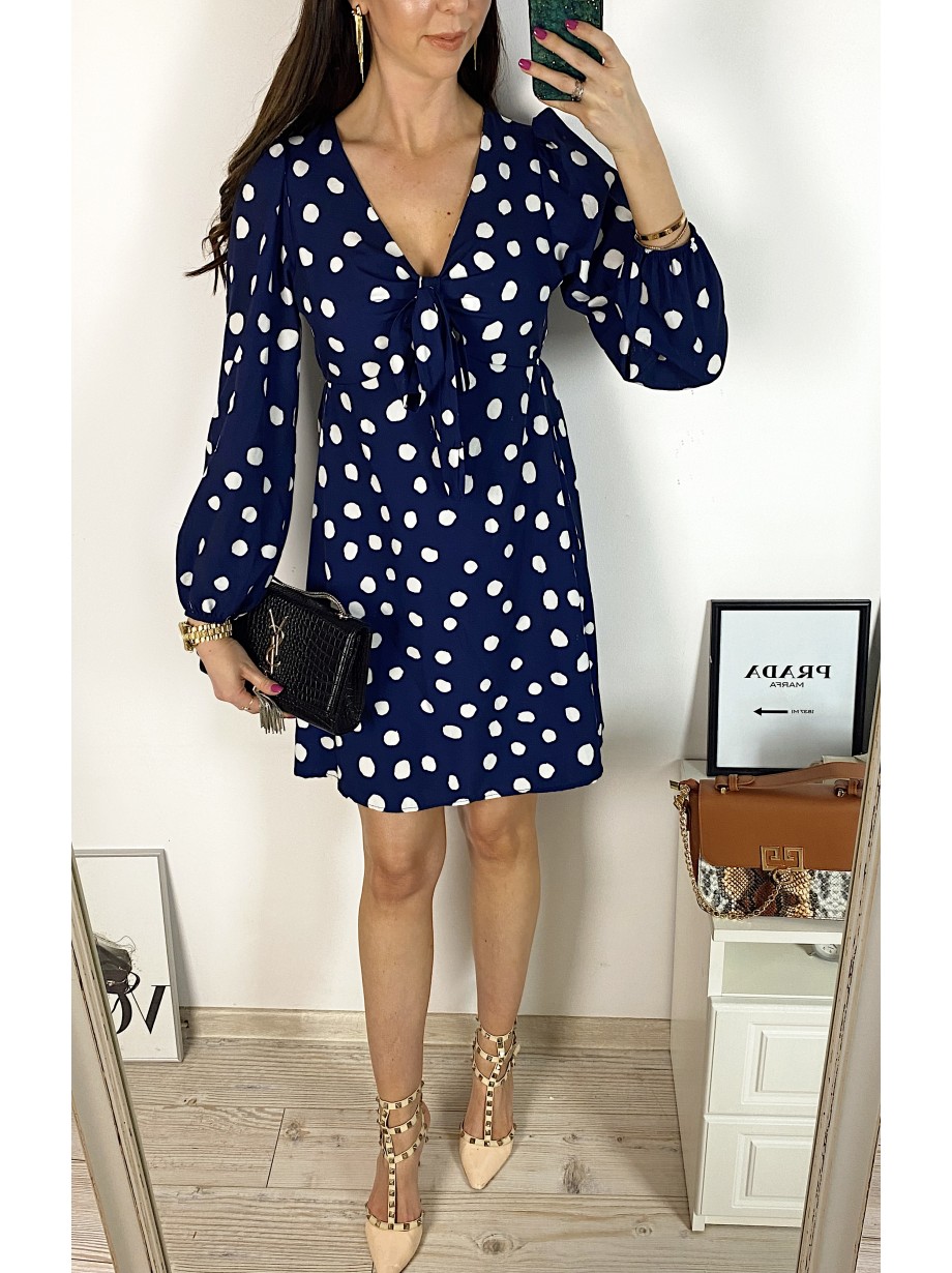Rochie mini casual bleumarin cu imprimeu buline si maneci lungi