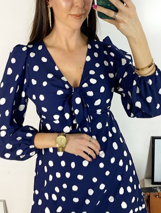 Rochie mini casual bleumarin cu imprimeu buline si maneci lungi