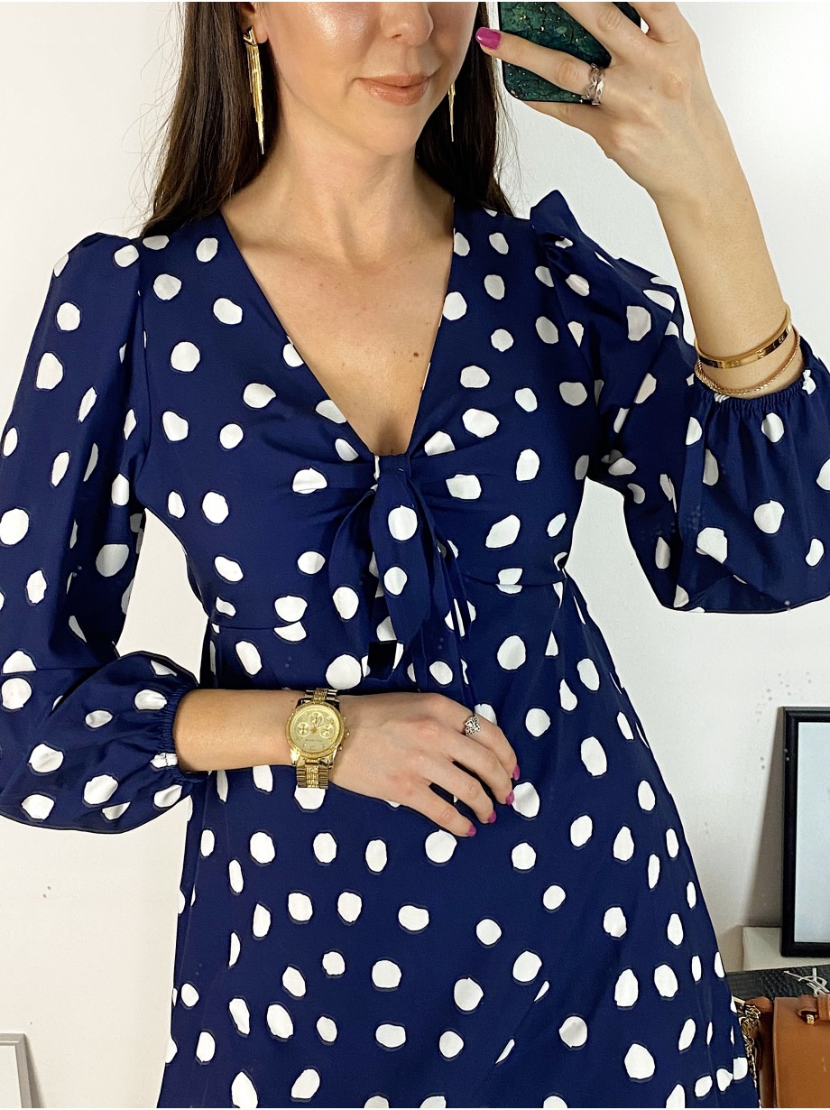 Rochie mini casual bleumarin cu imprimeu buline si maneci lungi