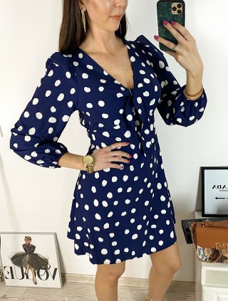 Rochie mini casual bleumarin cu imprimeu buline si maneci lungi