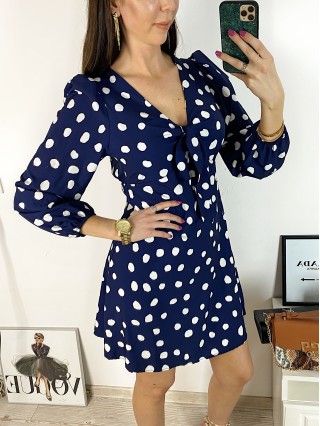 Rochie mini casual bleumarin cu imprimeu buline si maneci lungi