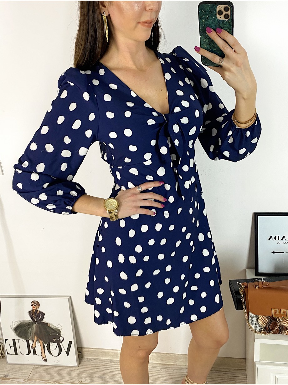 Rochie mini casual bleumarin cu imprimeu buline si maneci lungi
