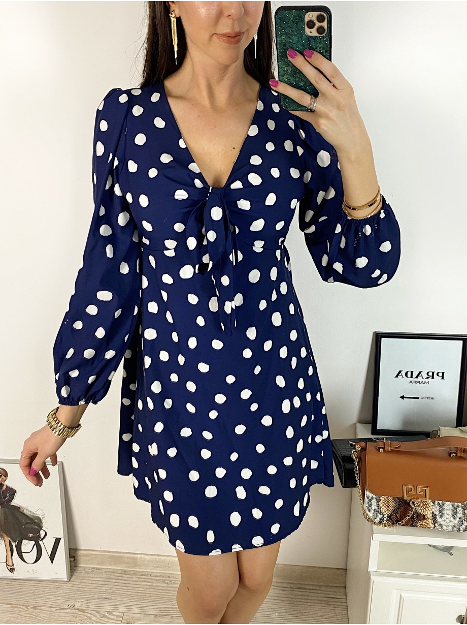 Rochie mini casual bleumarin cu imprimeu buline si maneci lungi