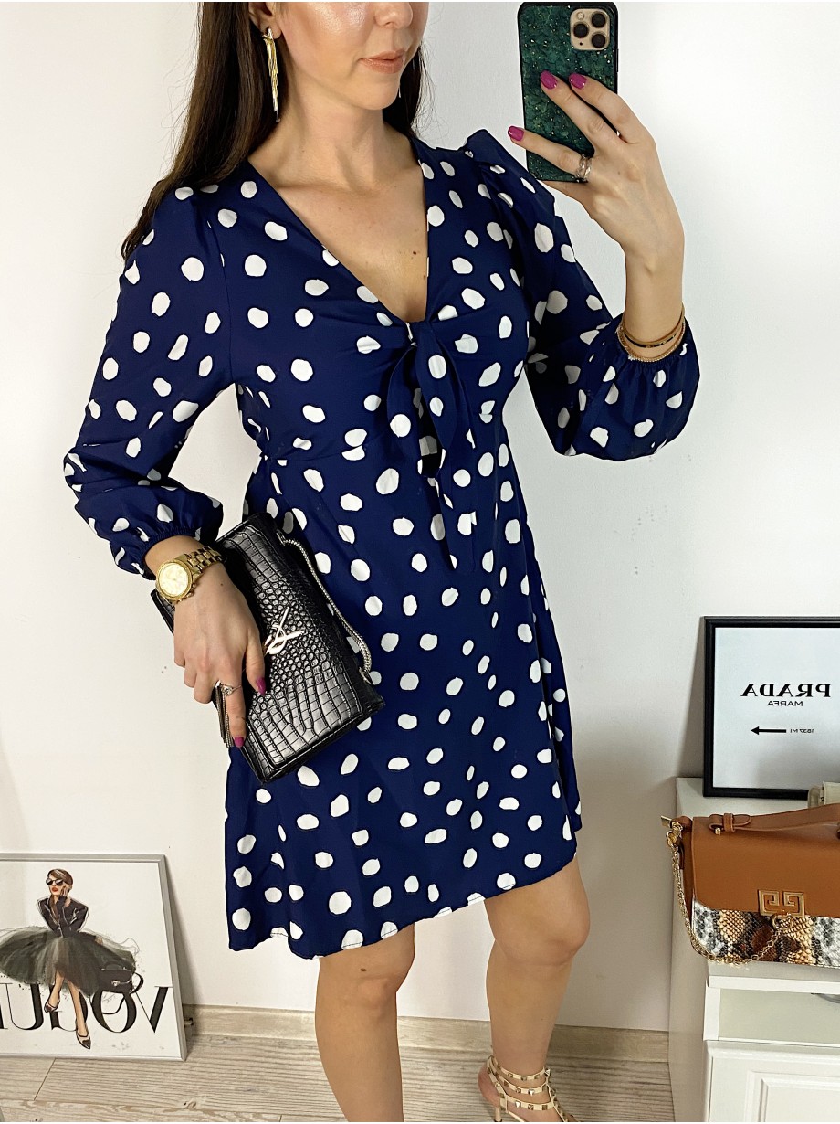 Rochie mini casual bleumarin cu imprimeu buline si maneci lungi
