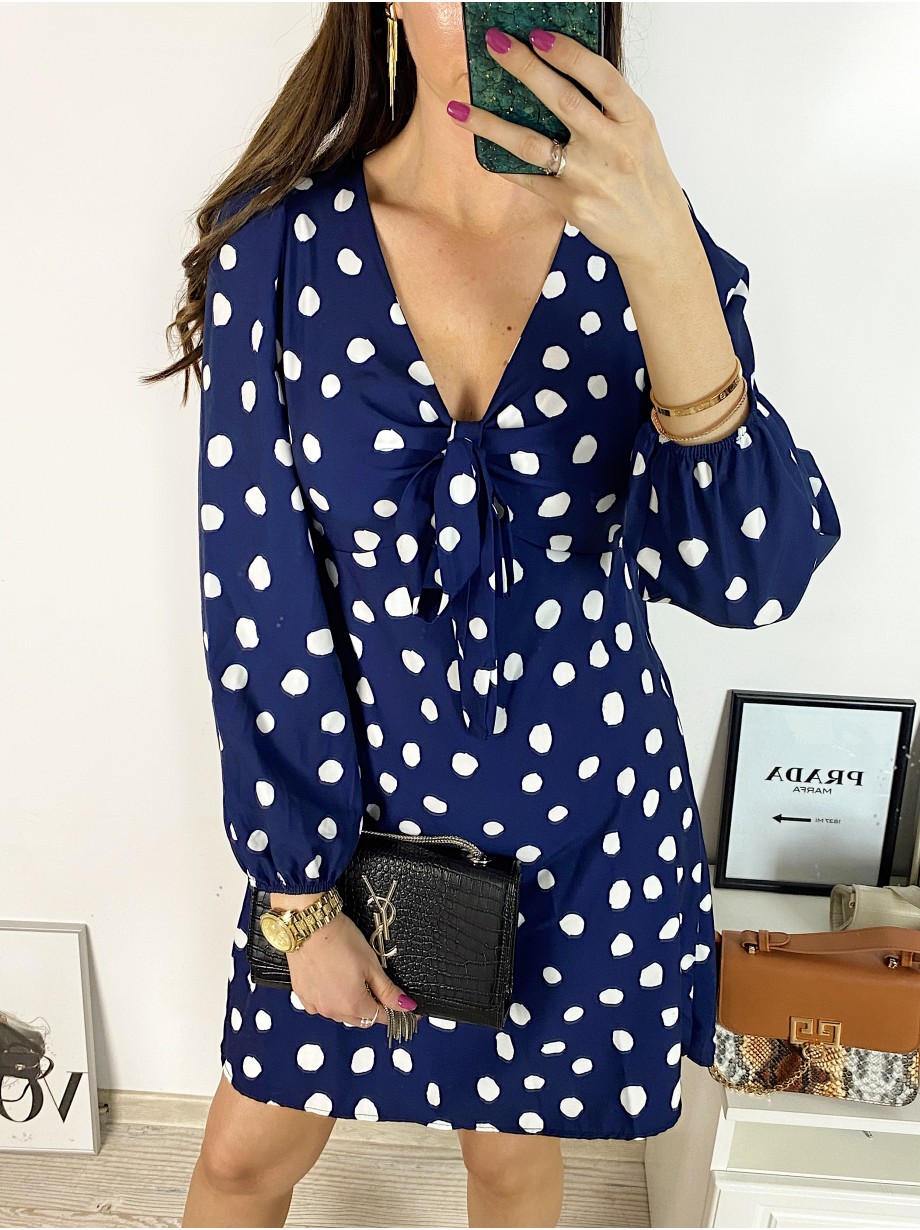 Rochie mini casual bleumarin cu imprimeu buline si maneci lungi